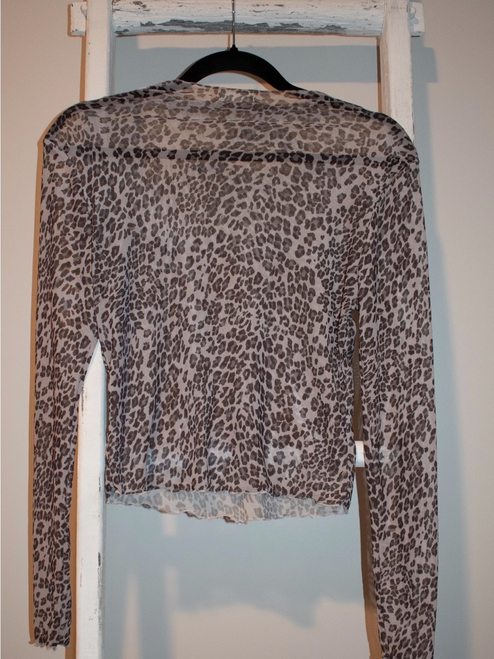 Leopard Print Sheer Long-Sleeve Top - Taupe/Gray